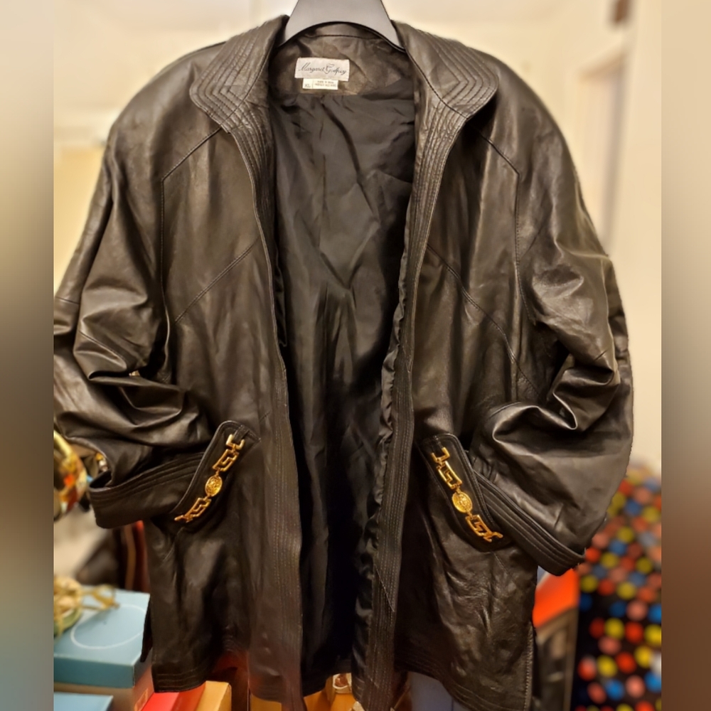 Luxurious Leather Swing Duster Jacket with Gold Accents
